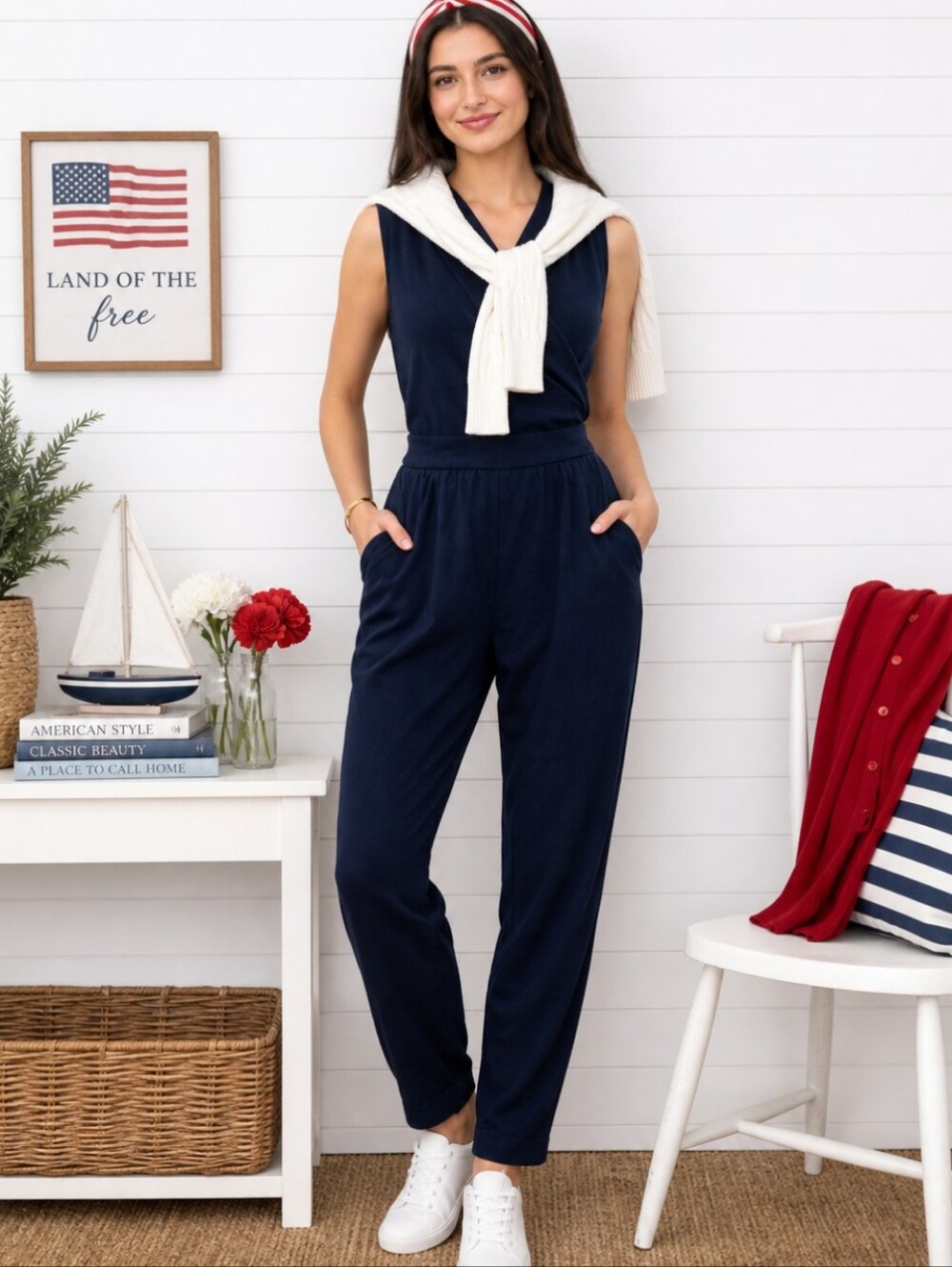 navy Jumpsuit knit sleeveless Preppy Comfy waist tie Coastal Casual Sz S